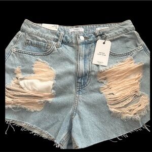 Retro High-Rise Distressed Denim Shorts